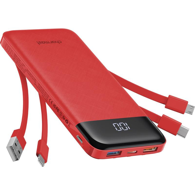 Charmast Ultra-Slim 10,000mAh Portable Charger with Integrated Cables, 6 Outputs & 3 Inputs for Fast Charging, Compatible with All Smartphones, Tablets, and USB-C Devices, Ideal for Travel