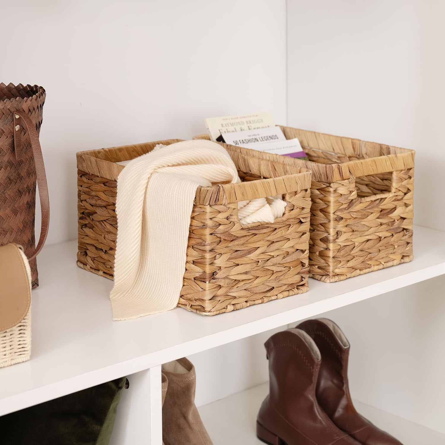 Large Wicker Storage Baskets with Handles, Rectangular Woven Organizers for Pantry and Bathroom, Natural Water Hyacinth, Set of 2