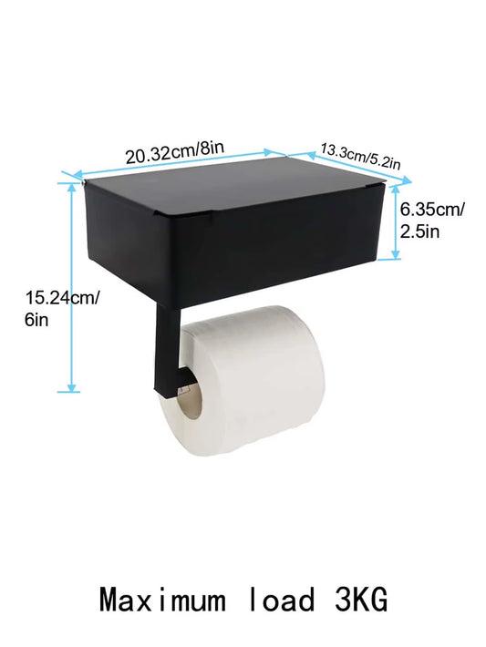 Wall-Mounted Black Iron Toilet Paper and Wet Wipes Dispenser with Integrated Storage for Bathroom Use