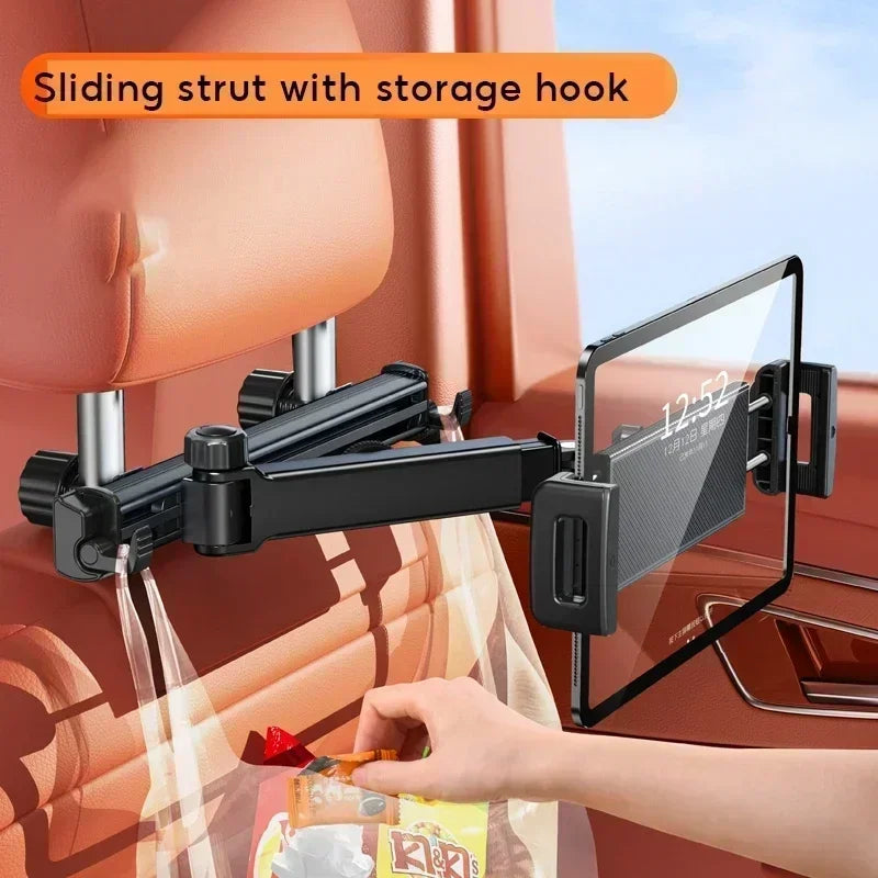 Adjustable Back Seat Tablet Holder Mount for Car Headrest - 360° Rotatable Phone Stand with Long Arm and Dual Hooks, Compatible with 4.7-12 Inch Devices