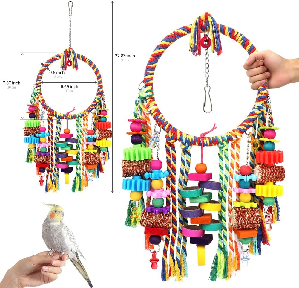 Bird Rope Ring Swing Perch with Corn Cob, Cardboard Bagels, and Wooden Chewing Blocks for Parakeets, Conures, Lovebirds, Finches, and Other Small to Medium-Sized Birds