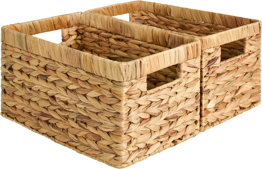 Large Wicker Storage Baskets with Handles, Rectangular Woven Organizers for Pantry and Bathroom, Natural Water Hyacinth, Set of 2