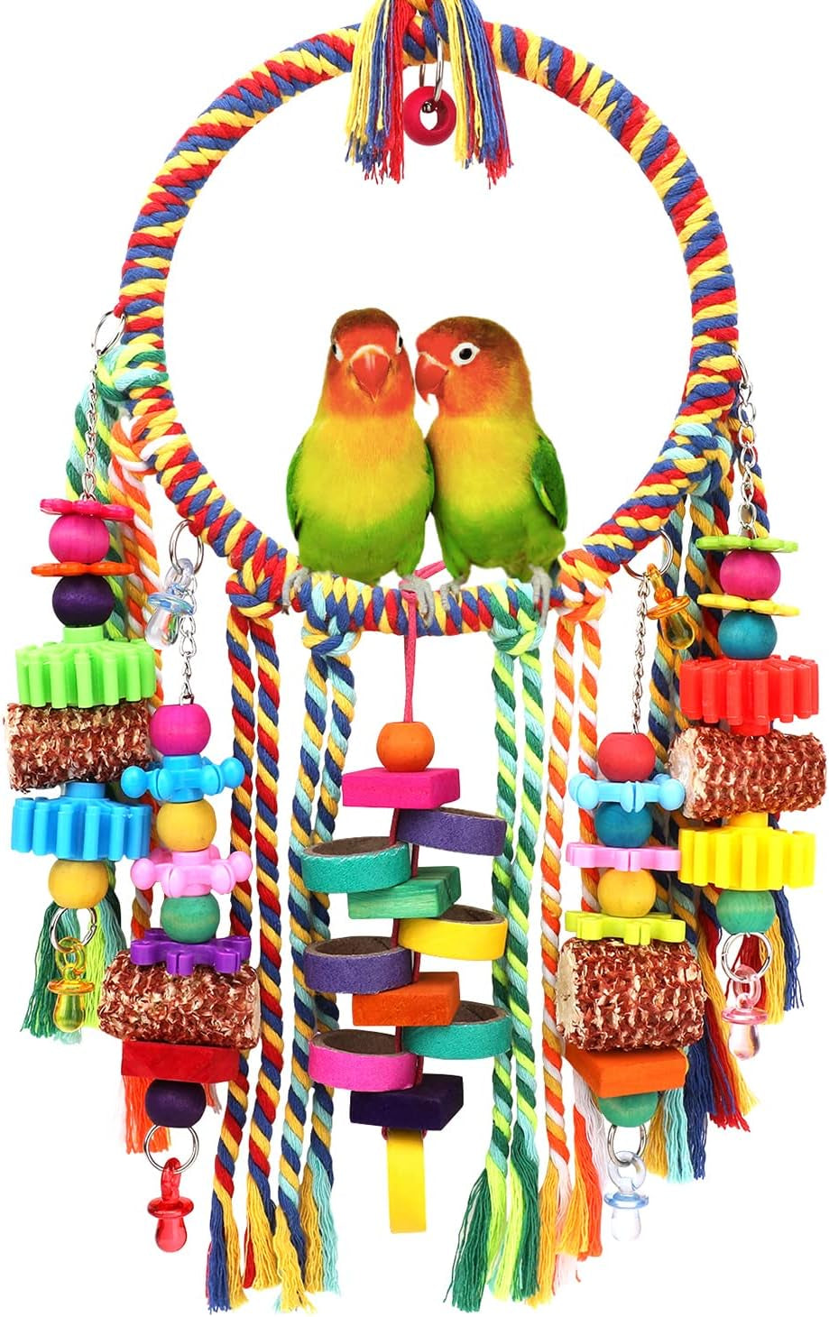 Bird Rope Ring Swing Perch with Corn Cob, Cardboard Bagels, and Wooden Chewing Blocks for Parakeets, Conures, Lovebirds, Finches, and Other Small to Medium-Sized Birds