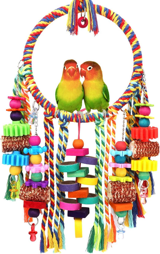 Bird Rope Ring Swing Perch with Corn Cob, Cardboard Bagels, and Wooden Chewing Blocks for Parakeets, Conures, Lovebirds, Finches, and Other Small to Medium-Sized Birds
