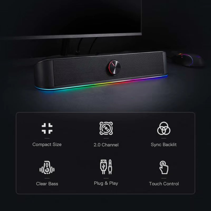 GS560 Adiemus RGB USB Desktop Soundbar - 2.0 Channel Computer Speaker with Dynamic Audio-Light Synchronization and Display