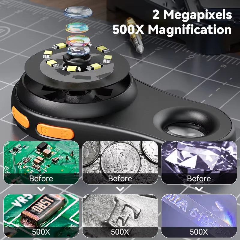 1080P Digital Microscope with 500X Magnification for Electronics, Coin, Jewelry, Watch Repair, and Dermatological Analysis - Compatible with Windows and Mac Systems