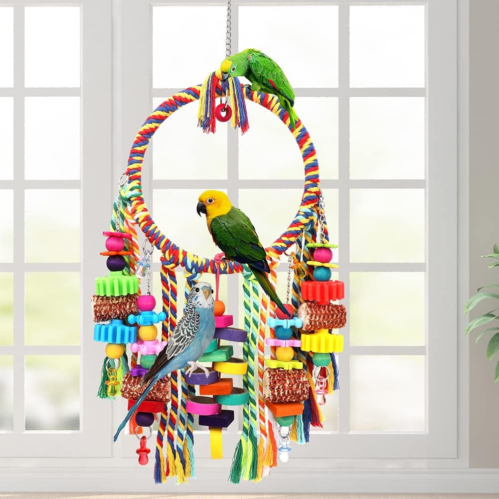 Bird Rope Ring Swing Perch with Corn Cob, Cardboard Bagels, and Wooden Chewing Blocks for Parakeets, Conures, Lovebirds, Finches, and Other Small to Medium-Sized Birds