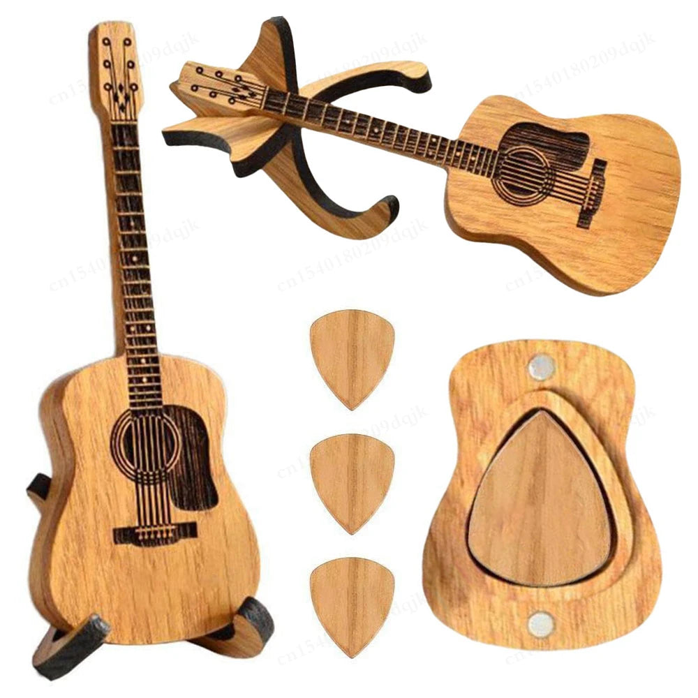 Wooden Acoustic Guitar Pick Box with Stand and Personalized Engraved Picks - Unique Vintage Music Gift