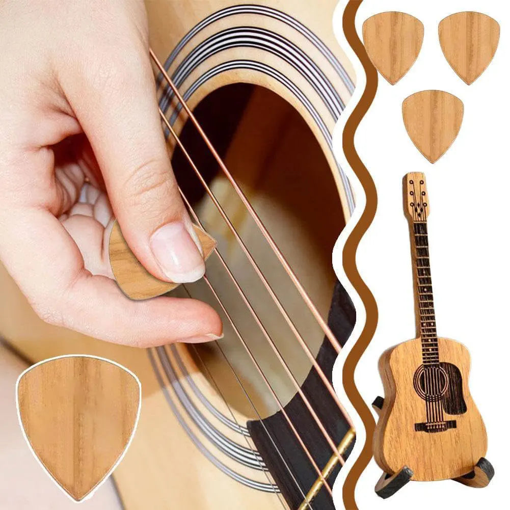 Wooden Acoustic Guitar Pick Box with Stand and Personalized Engraved Picks - Unique Vintage Music Gift