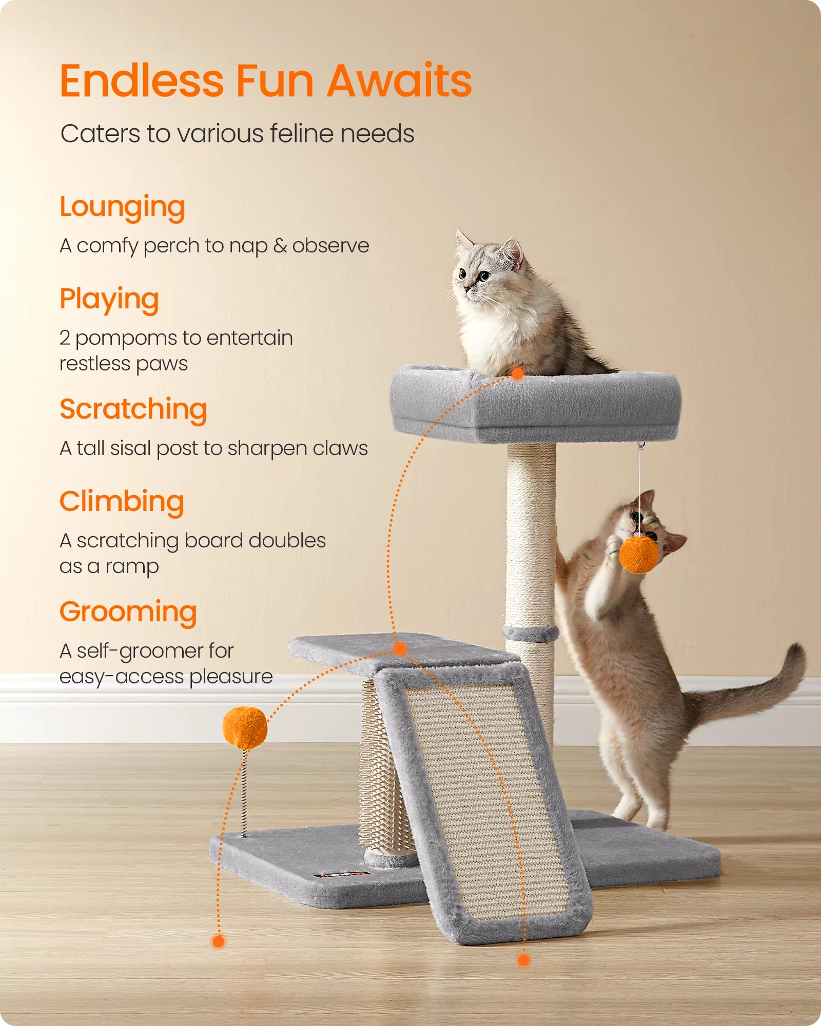 Multifunctional Cat Scratching Post with Integrated Bed, Rotatable Scratching Ramp, Perch, and Self-Grooming Feature