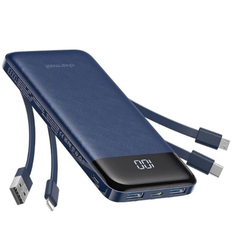 Charmast Ultra-Slim 10,000mAh Portable Charger with Integrated Cables, 6 Outputs & 3 Inputs for Fast Charging, Compatible with All Smartphones, Tablets, and USB-C Devices, Ideal for Travel