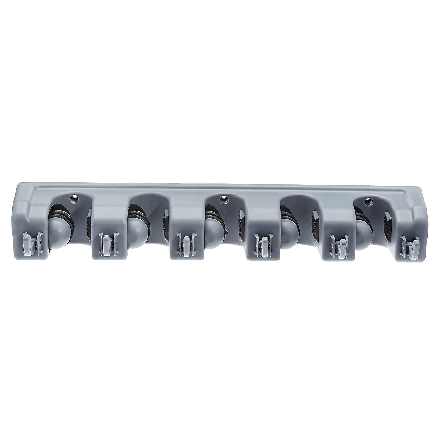 Rectangular Wall-Mounted Broom Holder and Garden Tool Organizer with 6 Hooks and 5 Slots, Dimensions: 43 x 8.5 x 6.2 cm, Gray