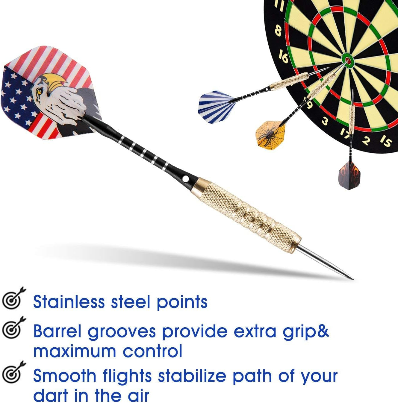 15-Piece Steel Dart Set with 18-Gram Tips, Dart Sharpener, 21 Flights, Aluminum Shafts, and Brass Barrels - Ideal for Rec Rooms, Man Caves, Bars, and Game Rooms
