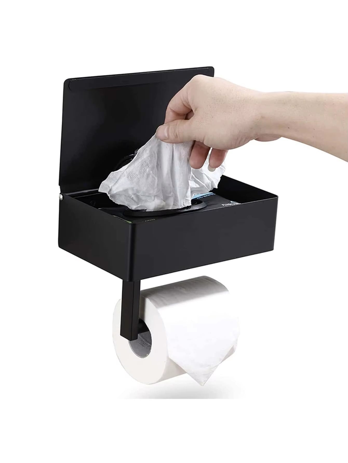 Wall-Mounted Black Iron Toilet Paper and Wet Wipes Dispenser with Integrated Storage for Bathroom Use