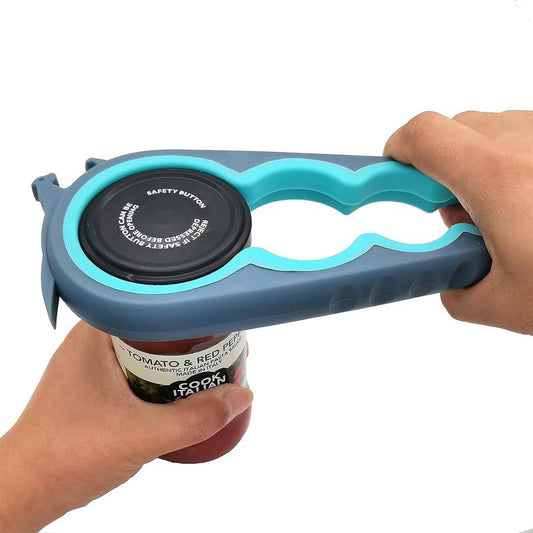 Blue and Grey Multi-Functional Jar, Bottle, and Can Opener for Individuals with Limited Hand Strength - Non-Slip Grip Kitchen Tool for Seniors and Arthritis Sufferers