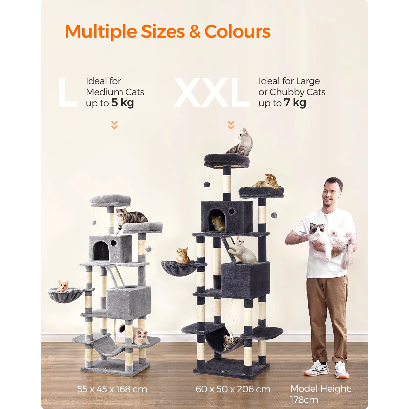 Cat Tree Tower - 206 cm Height, Featuring 13 Scratching Posts, 2 Platforms, 2 Kennels, Basket, Hammock, and Pompom
