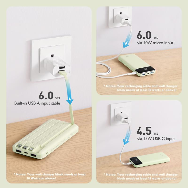 Charmast Ultra-Slim 10,000mAh Portable Charger with Integrated Cables, 6 Outputs & 3 Inputs for Fast Charging, Compatible with All Smartphones, Tablets, and USB-C Devices, Ideal for Travel