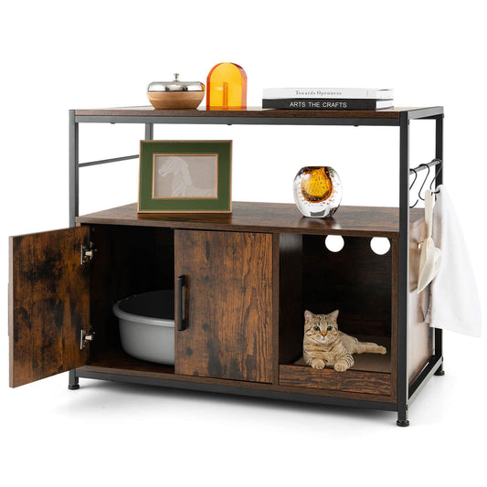 Cat Litter Box Enclosure with Integrated Scratching Pad and Dual Shelving Units