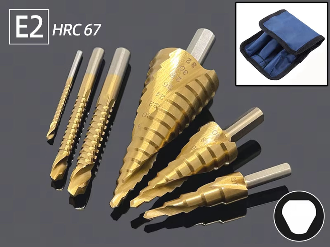 Professional Titanium Step Drill Bit Set for Wood and Metal - Sizes 4-12mm, 4-20mm, 4-32mm with 3, 6, and 8mm Twist Drills Included