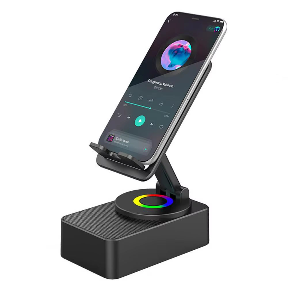 Bluetooth-Compatible Rotating Phone Stand with Integrated Wireless Speaker and Adjustable Foldable Design