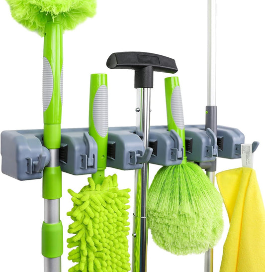 Rectangular Wall-Mounted Broom Holder and Garden Tool Organizer with 6 Hooks and 5 Slots, Dimensions: 43 x 8.5 x 6.2 cm, Gray