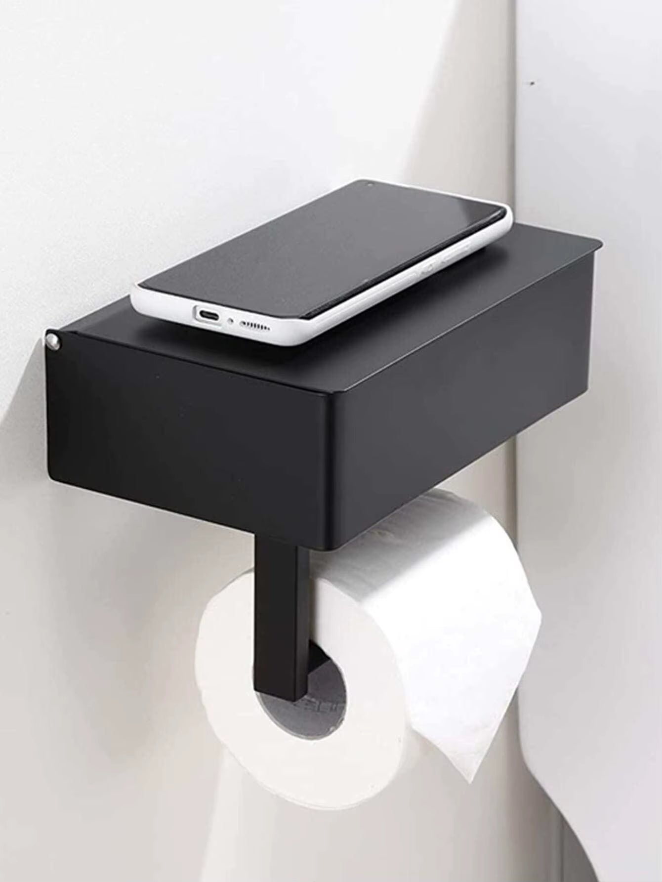Wall-Mounted Black Iron Toilet Paper and Wet Wipes Dispenser with Integrated Storage for Bathroom Use