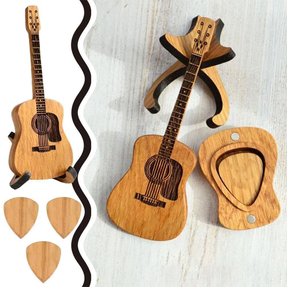 Wooden Acoustic Guitar Pick Box with Stand and Personalized Engraved Picks - Unique Vintage Music Gift