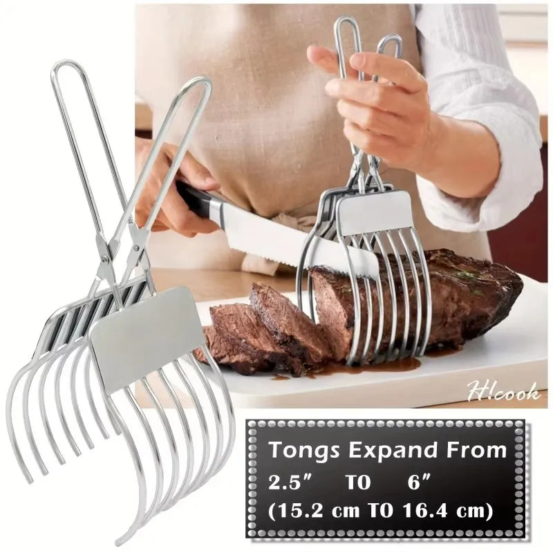 Stainless Steel Roast Beef Cutting Tongs - Multi-functional Meat and Bread Slicer with Onion and Tomato Holder - Essential Kitchen Tool for Efficient Slicing