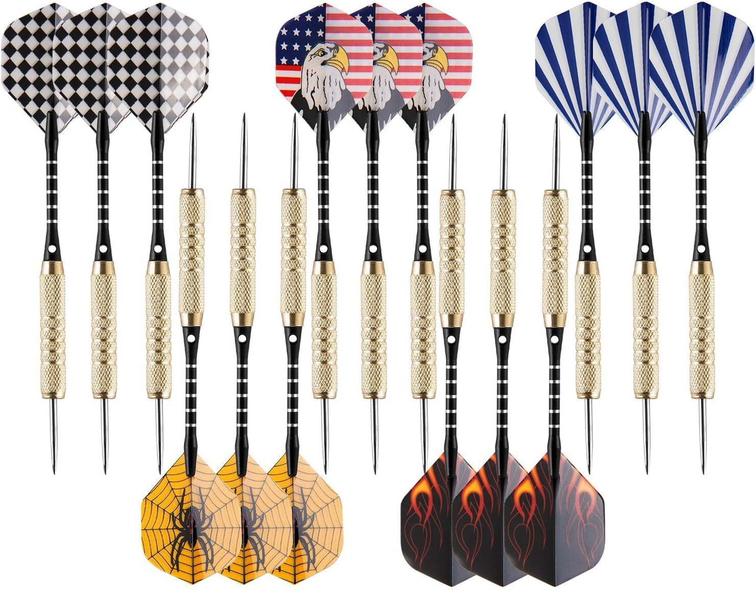 15-Piece Steel Dart Set with 18-Gram Tips, Dart Sharpener, 21 Flights, Aluminum Shafts, and Brass Barrels - Ideal for Rec Rooms, Man Caves, Bars, and Game Rooms