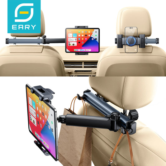 Adjustable Back Seat Tablet Holder Mount for Car Headrest - 360° Rotatable Phone Stand with Long Arm and Dual Hooks, Compatible with 4.7-12 Inch Devices