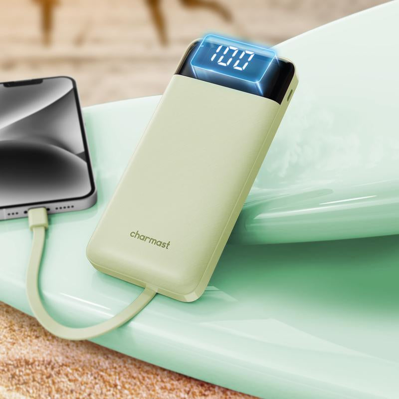 Charmast Ultra-Slim 10,000mAh Portable Charger with Integrated Cables, 6 Outputs & 3 Inputs for Fast Charging, Compatible with All Smartphones, Tablets, and USB-C Devices, Ideal for Travel
