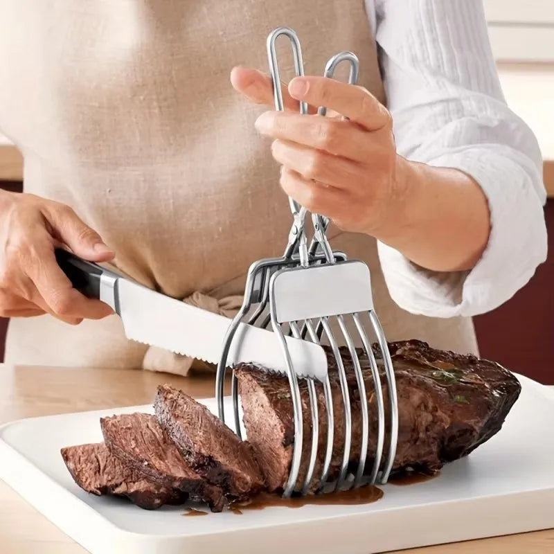 Stainless Steel Roast Beef Cutting Tongs - Multi-functional Meat and Bread Slicer with Onion and Tomato Holder - Essential Kitchen Tool for Efficient Slicing