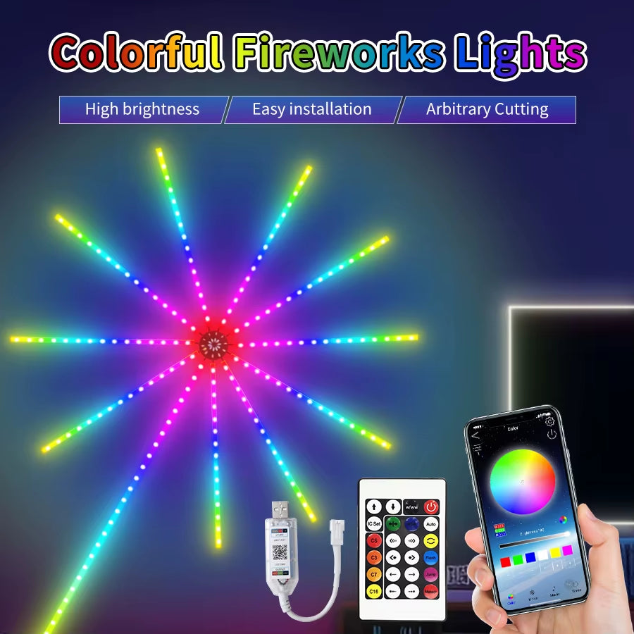 USB 5V RGBIC Fireworks LED String Lights for Festive Decor, Music Synchronization, and Event Illumination