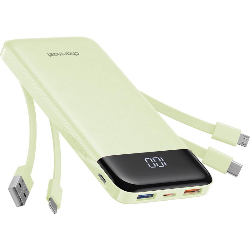 Charmast Ultra-Slim 10,000mAh Portable Charger with Integrated Cables, 6 Outputs & 3 Inputs for Fast Charging, Compatible with All Smartphones, Tablets, and USB-C Devices, Ideal for Travel