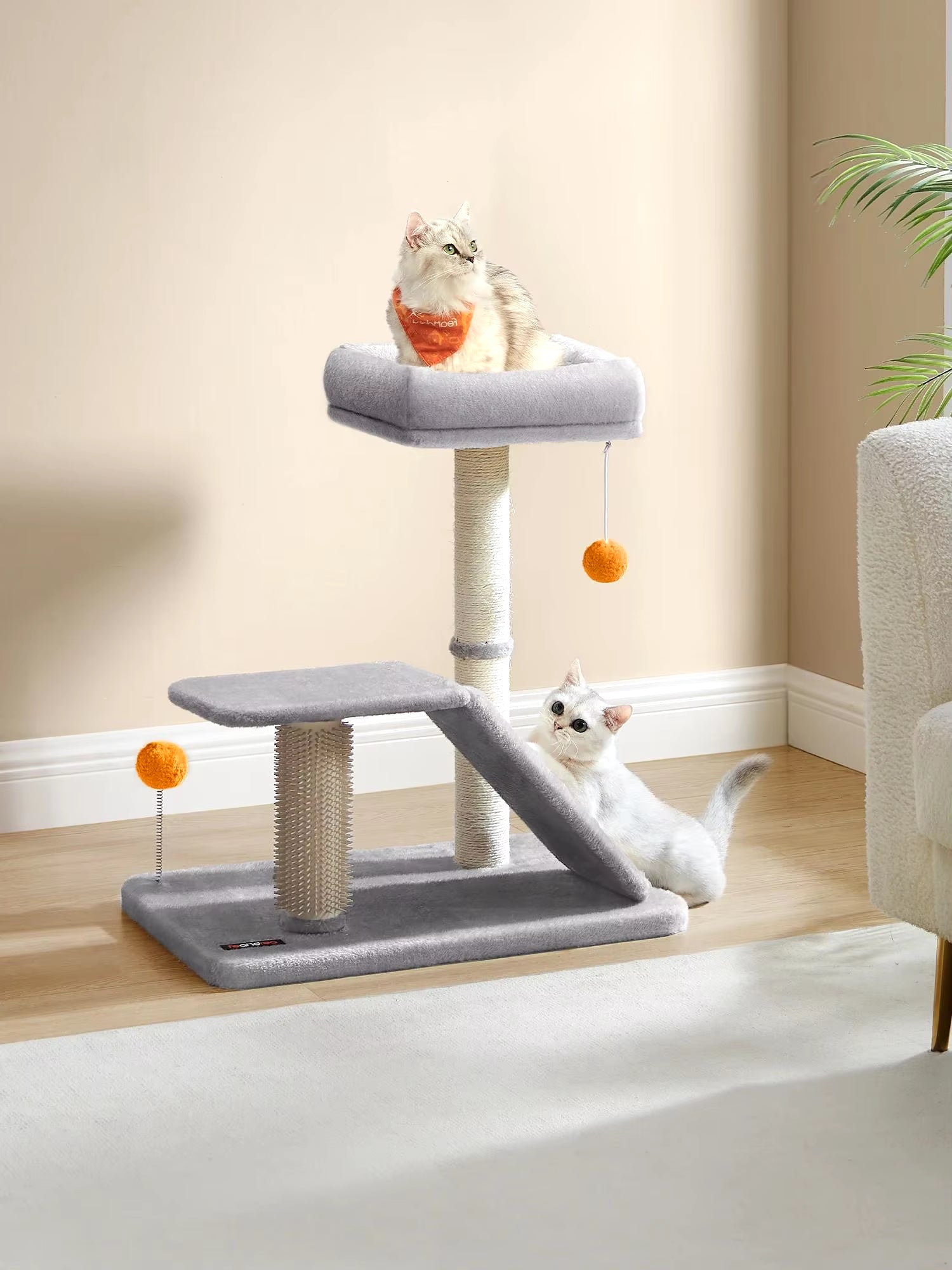 Multifunctional Cat Scratching Post with Integrated Bed, Rotatable Scratching Ramp, Perch, and Self-Grooming Feature
