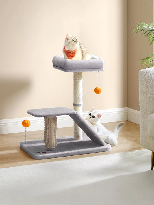 Multifunctional Cat Scratching Post with Integrated Bed, Rotatable Scratching Ramp, Perch, and Self-Grooming Feature