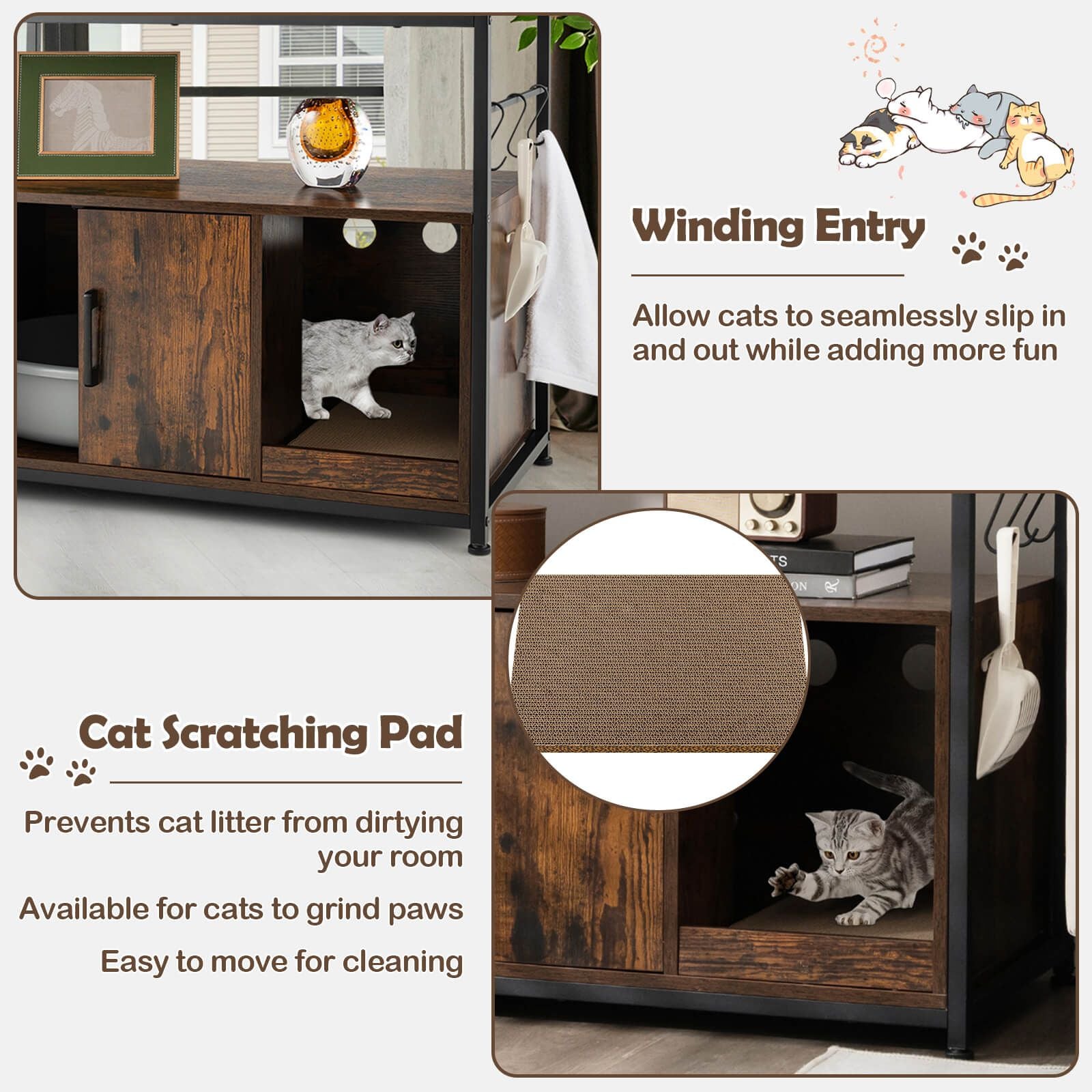Cat Litter Box Enclosure with Integrated Scratching Pad and Dual Shelving Units