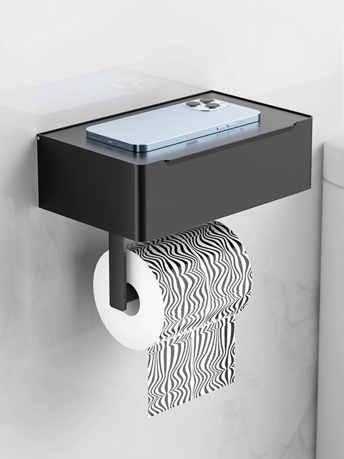Wall-Mounted Black Iron Toilet Paper and Wet Wipes Dispenser with Integrated Storage for Bathroom Use