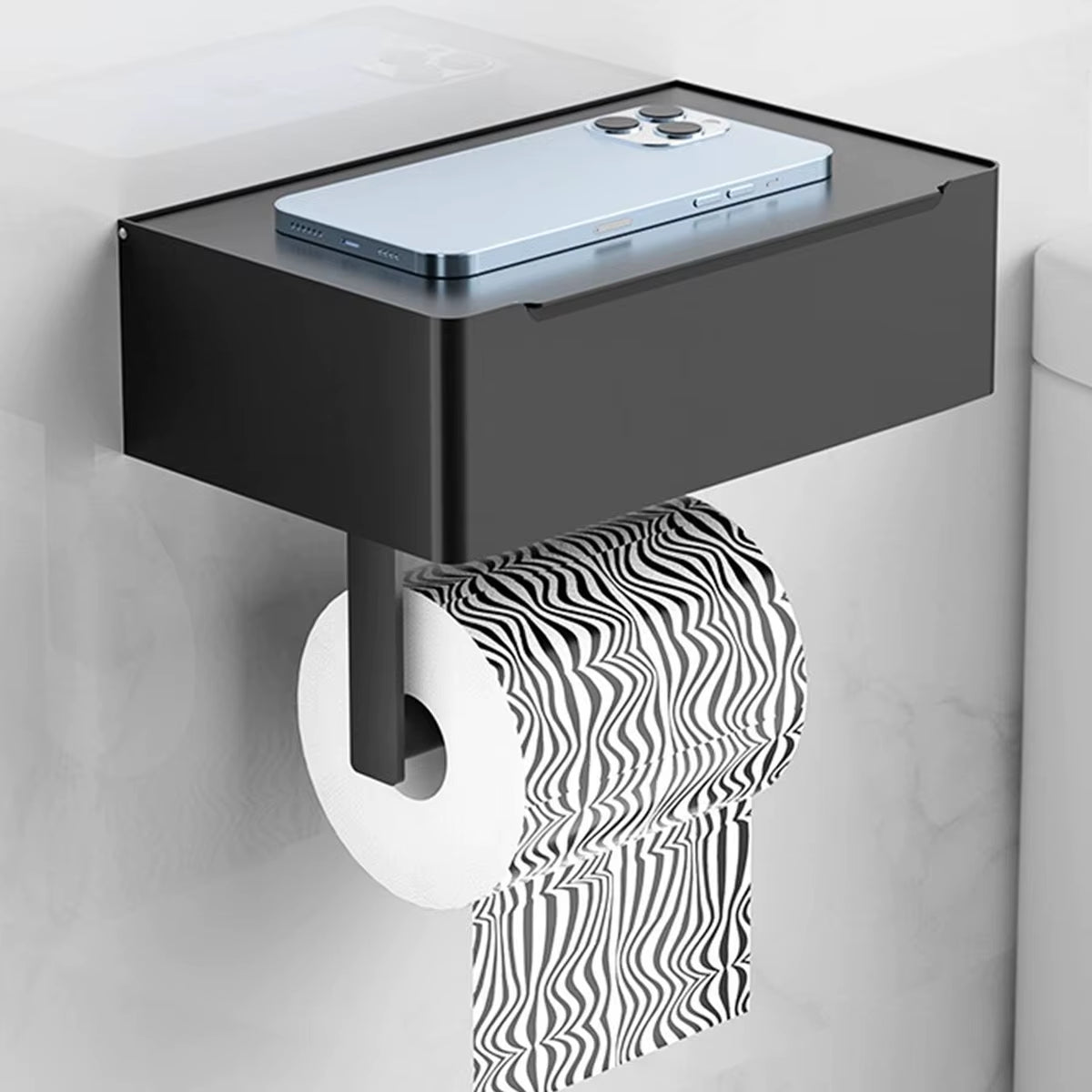 Wall-Mounted Black Iron Toilet Paper and Wet Wipes Dispenser with Integrated Storage for Bathroom Use