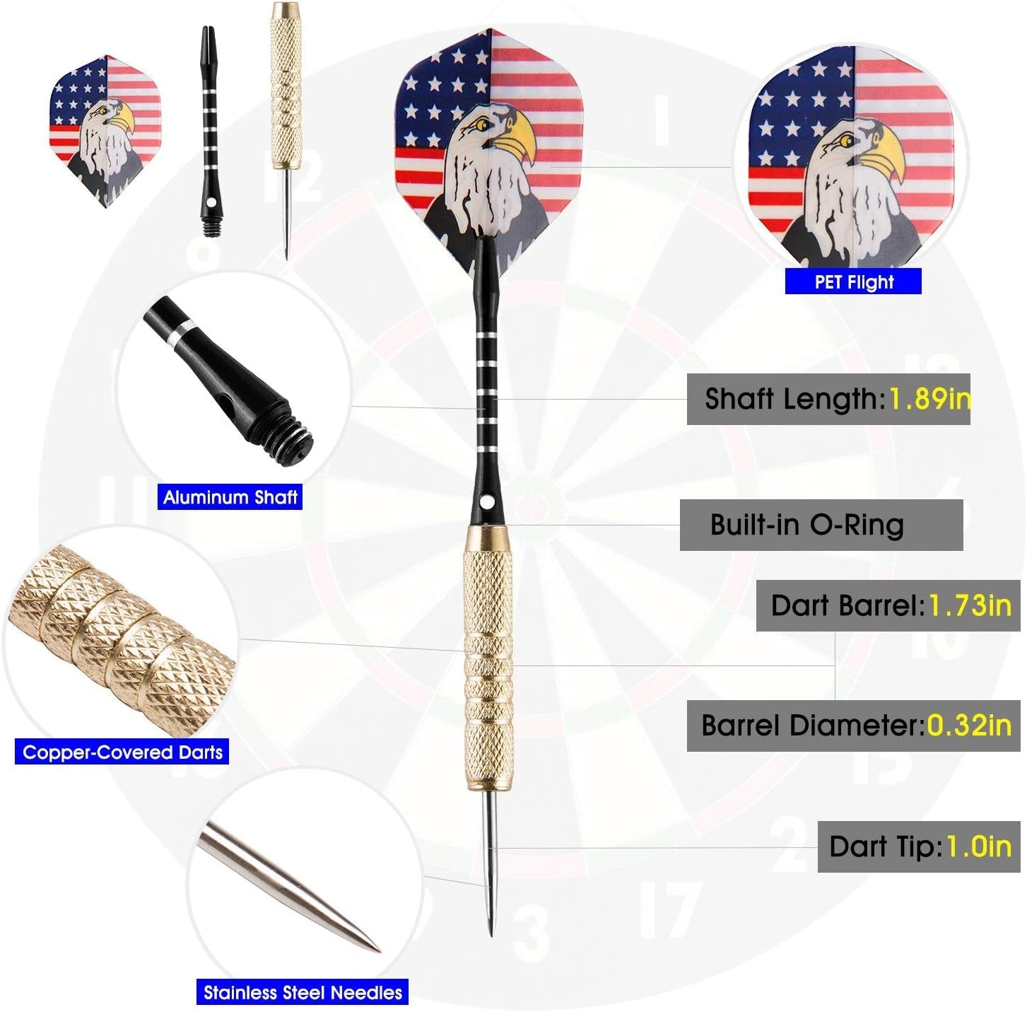 15-Piece Steel Dart Set with 18-Gram Tips, Dart Sharpener, 21 Flights, Aluminum Shafts, and Brass Barrels - Ideal for Rec Rooms, Man Caves, Bars, and Game Rooms
