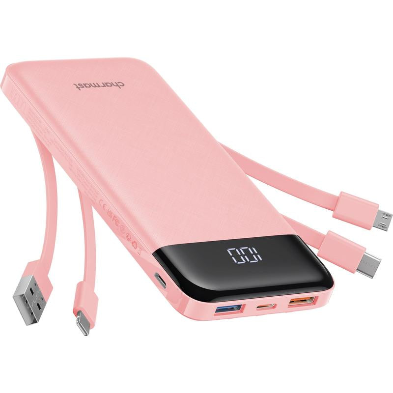 Charmast Ultra-Slim 10,000mAh Portable Charger with Integrated Cables, 6 Outputs & 3 Inputs for Fast Charging, Compatible with All Smartphones, Tablets, and USB-C Devices, Ideal for Travel