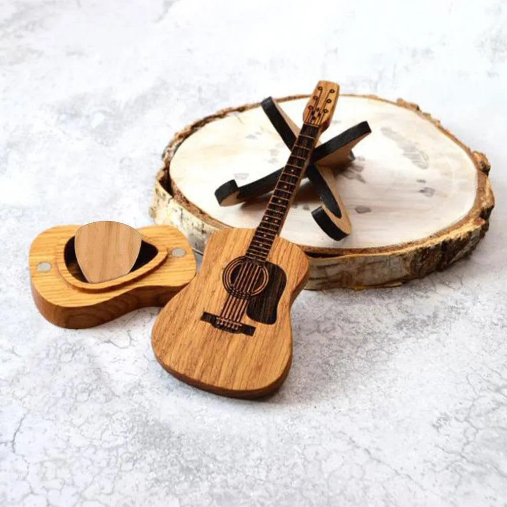 Wooden Acoustic Guitar Pick Box with Stand and Personalized Engraved Picks - Unique Vintage Music Gift