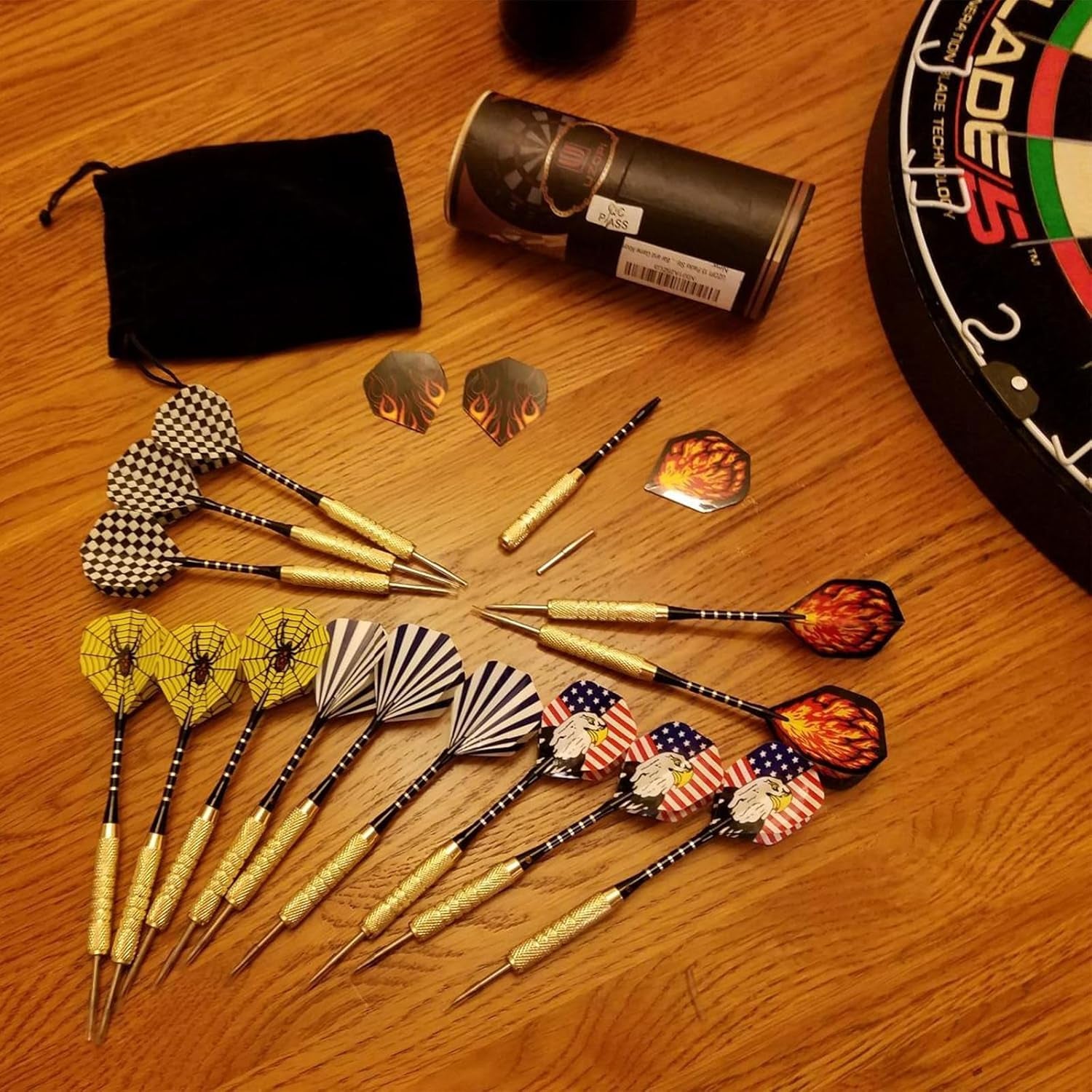 15-Piece Steel Dart Set with 18-Gram Tips, Dart Sharpener, 21 Flights, Aluminum Shafts, and Brass Barrels - Ideal for Rec Rooms, Man Caves, Bars, and Game Rooms