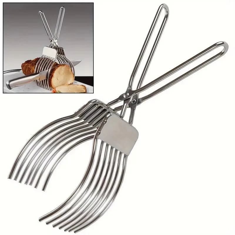 Stainless Steel Roast Beef Cutting Tongs - Multi-functional Meat and Bread Slicer with Onion and Tomato Holder - Essential Kitchen Tool for Efficient Slicing